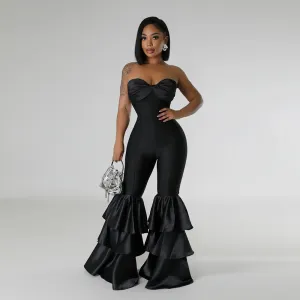 Trendy Black Satin Ruffle Halter Jumpsuit