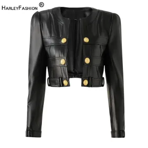 Trendy Black Crop Leather Jacket With Gold Buttons